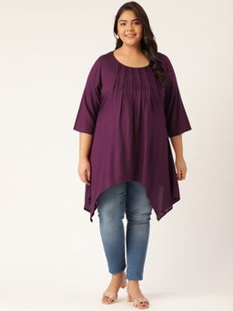 theRebelinme - Plus Size Womens Plum Solid Color Pleated Longline Top