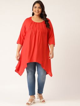 theRebelinme - Plus Size Womens Red Solid Color Pleated Longline Top