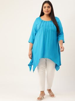 theRebelinme - Plus Size Womens Teal Solid Color Pleated Longline Top