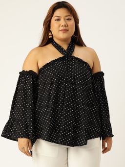 theRebelinme - Plus Size Womens Black Polka Dot Halter Neck Woven Top