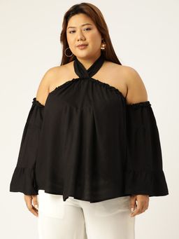 theRebelinme - Plus Size Womens Black Solid Color Halter Neck Woven Top