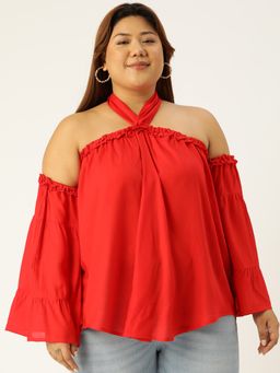 theRebelinme - Plus Size Womens Red Solid Color Halter Neck Woven Top