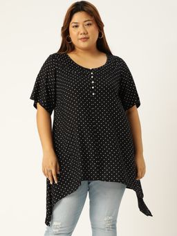theRebelinme - Plus Size Womens Black Polka Dot Printed High-low Longline Top