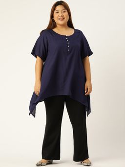 theRebelinme - Plus Size Womens Navy Blue Solid Color High-low Longline Top