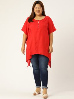 theRebelinme - Plus Size Womens Red Solid Color High-low Longline Top