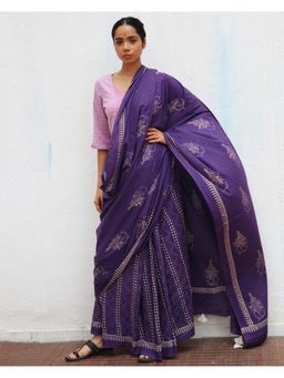 Chidiyaa - Paakhi Lovers Moon Purple Handblock Printed Cotton Saree