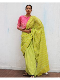 Chidiyaa - Paakhi Vincent Lime Green Handblock Printed Cotton Saree