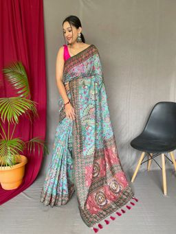 EXCLUSIVA - Multicolor Kalamkari Print Cotton Saree with Unstitched Blouse