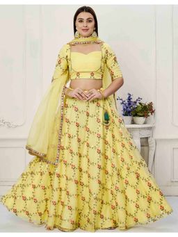 Ethnovog - Ready To Wear Yellow Organza Embroidered Lehenga and Blouse with Dupatta (Set of 3)