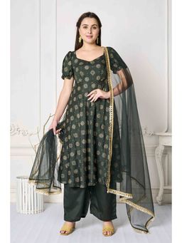 Ethnovog - Ready To Wear Green Foil Print Anarkali Kurta and Pant with Dupatta (Set of 3)
