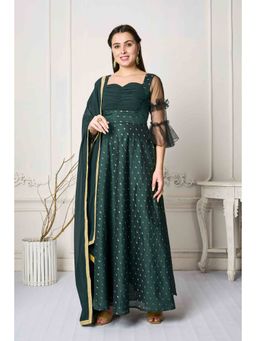 Ethnovog - Ready To Wear Green Rached Style Anarkali Kurta and Pant with Dupatta (Set of 3)
