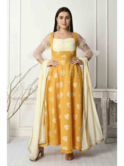 Ethnovog - Ready To Wear Mustard Rached Style Anarkali Kurta and Pant with Dupatta (Set of 3)