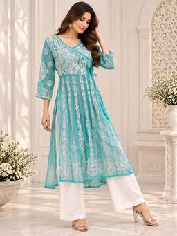 Sindh Fashion - Aqua Georgette Embroidered Chikankari Kurta