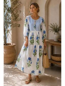 CHHAAP TILAK - White Pure Cotton Handblock Printed Floral Midi dress