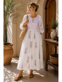 CHHAAP TILAK - White Pure Cotton Handblock Printed Floral Midi dress