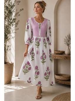 CHHAAP TILAK - White Pure Cotton Handblock Printed Floral Midi dress