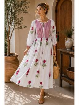 CHHAAP TILAK - White Pure Cotton Handblock Printed Floral Midi dress