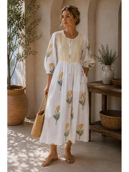 CHHAAP TILAK - White Pure Cotton Handblock Printed Floral Midi dress