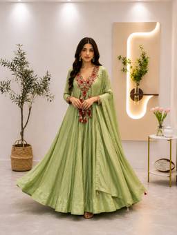 Rizabella - Pastel Green Embroidered Anarkali Set