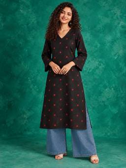 MYSHKA - Women Black Floral Embroidered Three-Fourth Sleeves Kurta
