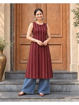MYSHKA - Women Brown Cotton Blend Sleeveless A-Line Kurta