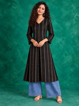 MYSHKA - Women Black Woven Stripes Three-Fourth Sleeves Box Pleated Flared Kurta