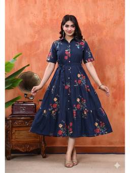 Cloth Bites - Women's Navy Blue Floral Printed Midi Dress