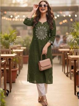 Surhi - Olive Cotton Embroidered Regular Round Neck Kurta