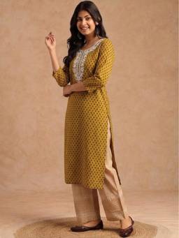 Surhi - Mustard Cotton Embroidered Regular Round Neck Kurta