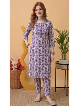 Surhi - Purple Cotton Embroidered Regular Round Neck Kurta
