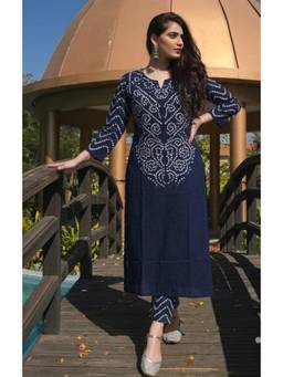 Surhi - Navy Blue Cotton Printed Regular Round Neck Kurta