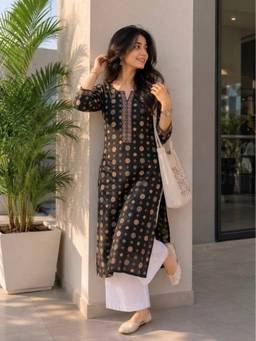 Surhi - Black Cotton Printed Regular Round Neck Kurta