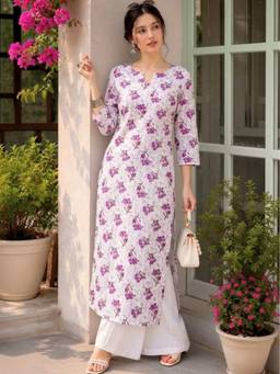 Surhi - White Cotton Floral Regular Round Neck Kurta