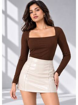 PANIT - Women Solid Brown Ribbed Square Neck Crop Top