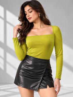 PANIT - Women Solid Lime Green Ribbed Square Neck Crop Top