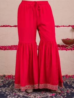 ARAMYA - Red Blended Silk Solid Sharara for Women