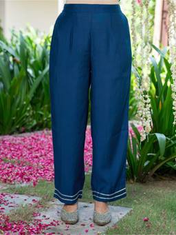 ARAMYA - Blue Chanderi Solid Pant for Women