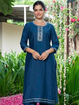 ARAMYA - Chanderi Straight Embroidered Kurta for Women