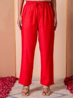ARAMYA - Red Blended Silk Solid Palazzo for Women