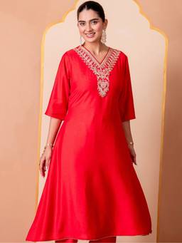 ARAMYA - Blended silk A-Line Embroidered Kurta for Women