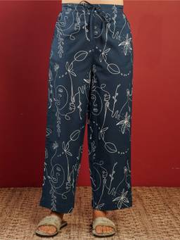 ARAMYA - Navy Blue Soft Cotton Abstract Pant for Women