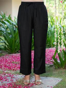 ARAMYA - Black Blended Silk Solid Pant for Women