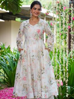 ARAMYA - Chanderi Anarkali Floral Print Kurta for Women