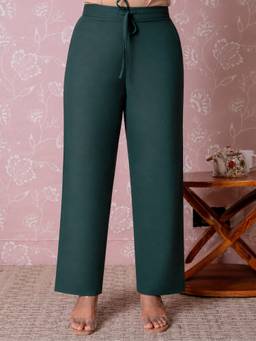 ARAMYA - Dark Green Soft Cotton Solid Pant for Women