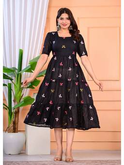 Cloth Bites - Women's Black Embroidered Tiered Midi Dress