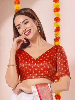 VAMAS - THE DESIGNER BLOUSES - Red Signature V Neck Brocade Blouse