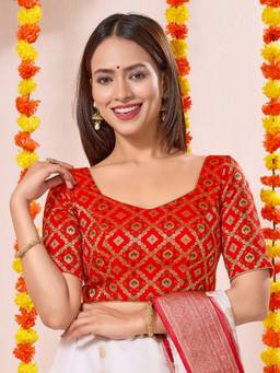VAMAS - THE DESIGNER BLOUSES - Red Bandhani Brocade Half Sleeves Blouse