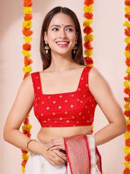 VAMAS - THE DESIGNER BLOUSES - Red Floral Butti Festive Square Neck brocade Blouse