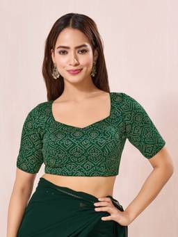 VAMAS - THE DESIGNER BLOUSES - Green Gajji Silk Bandhani Printed Half Sleeves Blouses