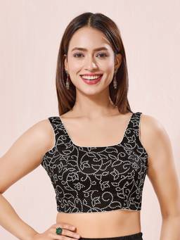 VAMAS - THE DESIGNER BLOUSES - Black Navratri Special Cotton Bandhani Printed Round Neck Blouse